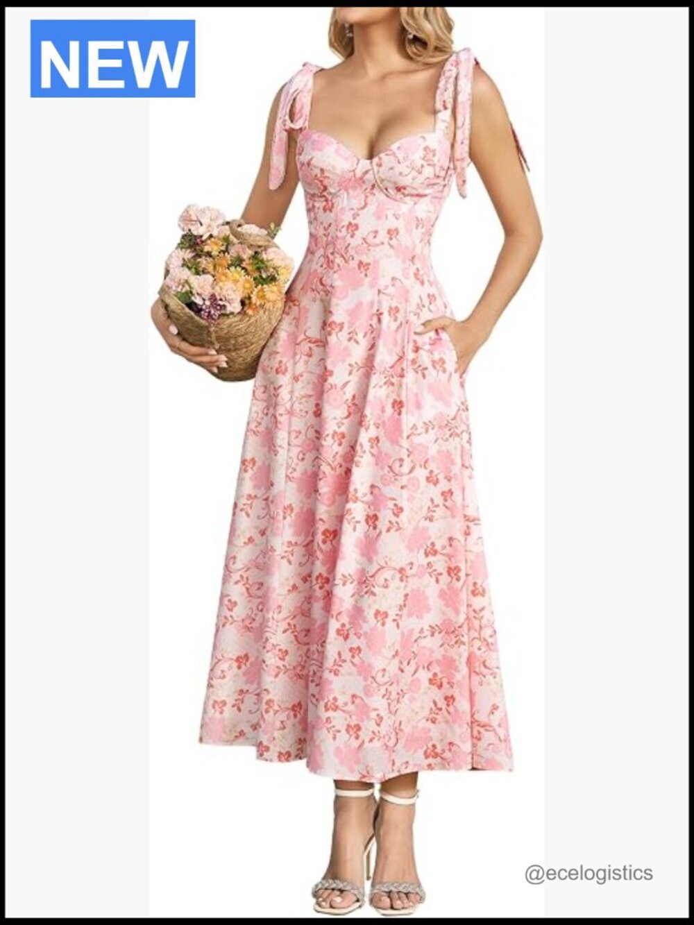 Floral Corset Midi Dress Tie Shoulder Flowy Summer Wedding Guest Dresses for